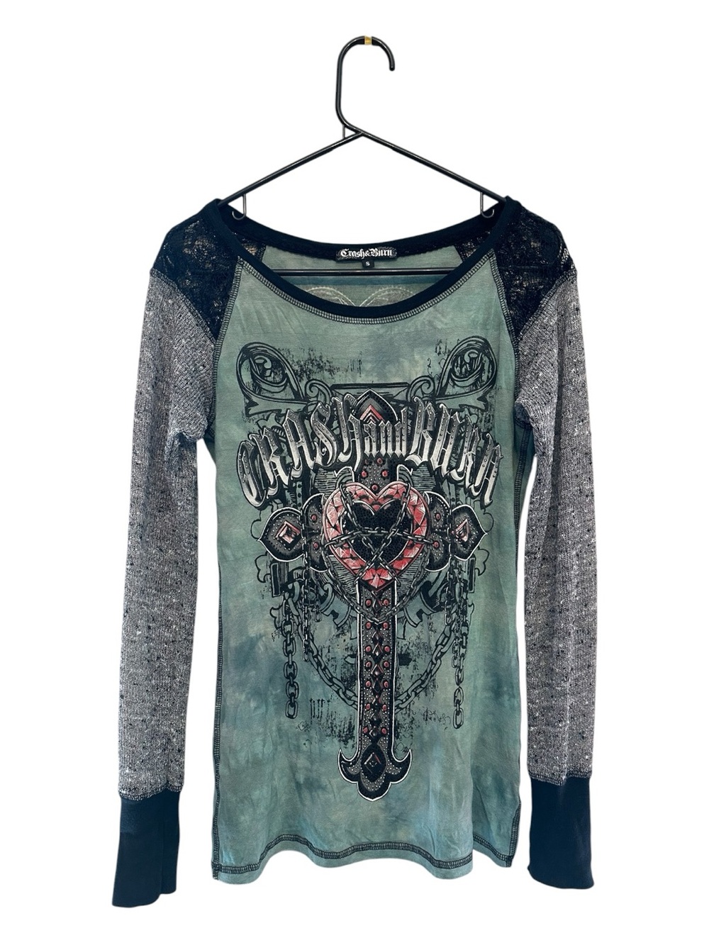 Vintage Y2K Era Crash & Burn Black-Trim Green Embellished Graphic Tee Small